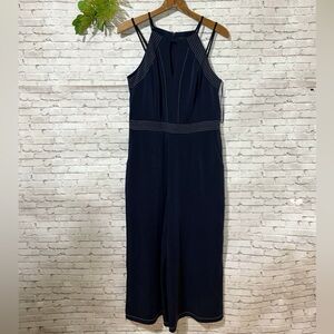 Adeleyn Rae Navy Blue Contrast Stitch Navy Wide Leg Jumpsuit